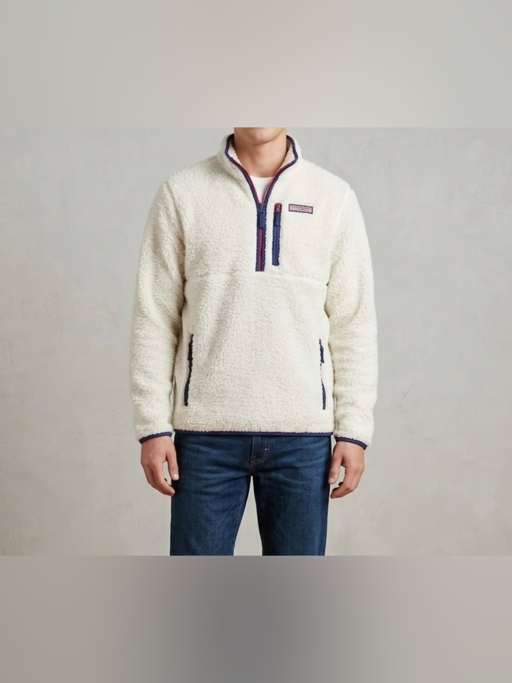 Vineyard Vines Sherpa Fleece Half Zip Pullover Men’s Size M Cream Blue Coastal